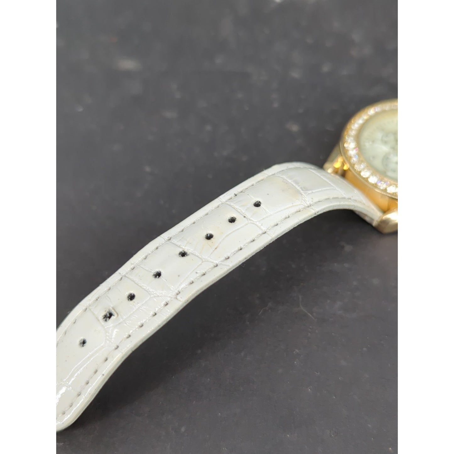 Vintage Signal Women's Watch Gold Tone Rhinestone Bezel White Strap Chronograph