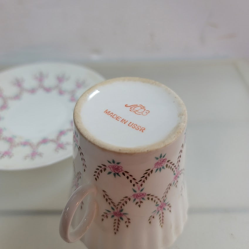 Lomonosov Teacup and Saucer Pink Flowers Green Leaves Russia USSR Vintage