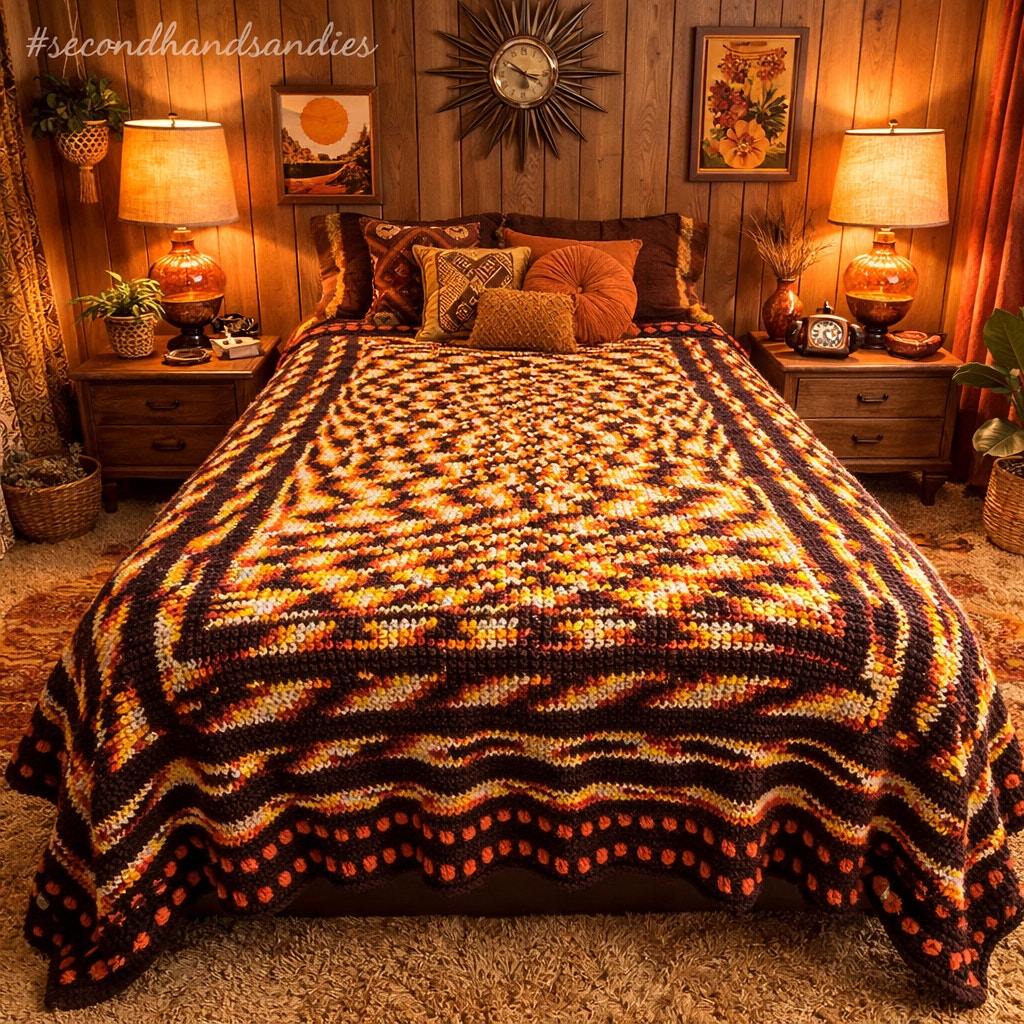Handmade crocheted 70s coverlet yellow brown white orange Queen / Full blanket