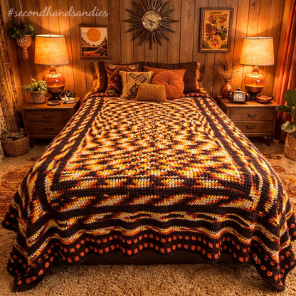 Handmade crocheted 70s coverlet yellow brown white orange Queen / Full blanket