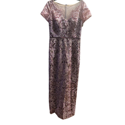 JS Collections Womens Formal Long Dress Dark Plum Embroidered Overlay 8 midi