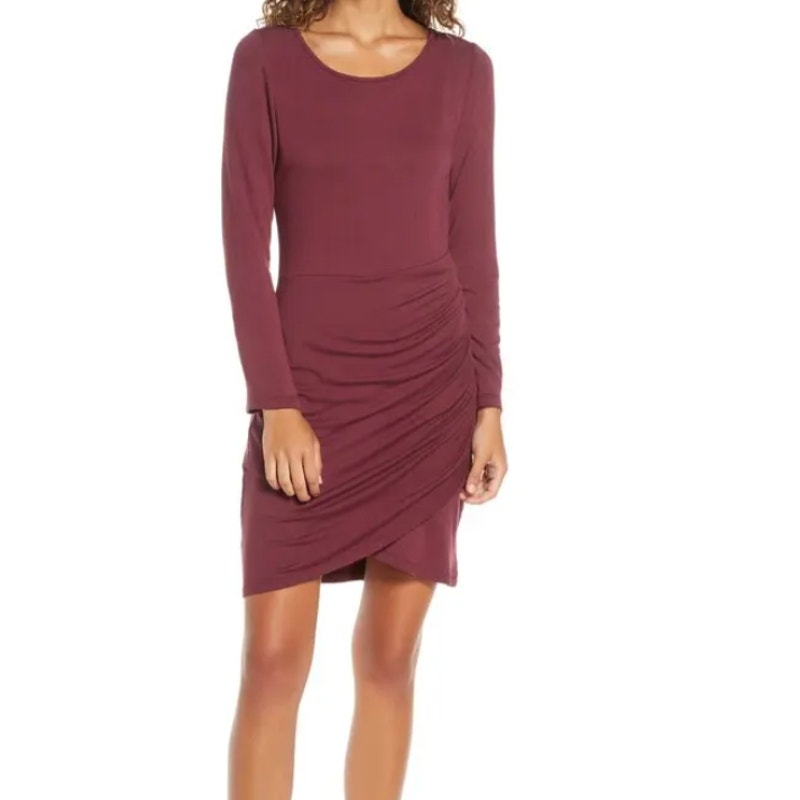 Fraiche by J NEW$88 Size Large Dark Red Garnet ruched side Dress long sleeve