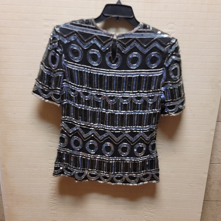 Lawrence Kazar MEDIUM Sequined Shiny Metallic Blue Geometric Blouse keyhole Top
