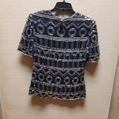 Lawrence Kazar MEDIUM Sequined Shiny Metallic Blue Geometric Blouse keyhole Top