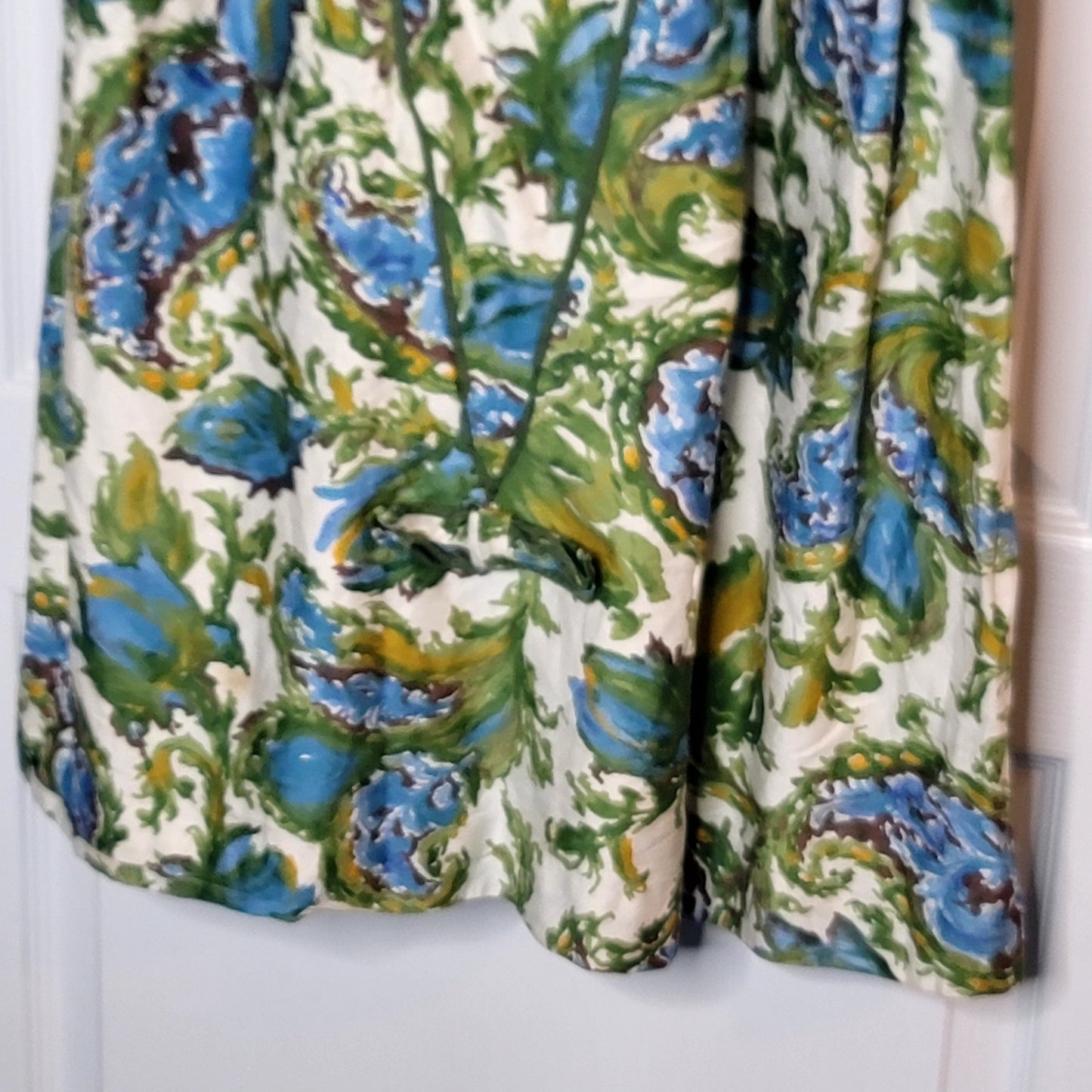Vintage  Sindorff 1950s Wiggle dress cotton Blue yellow floral pleated Small Cap