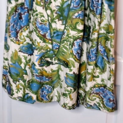Vintage  Sindorff 1950s Wiggle dress cotton Blue yellow floral pleated Small Cap
