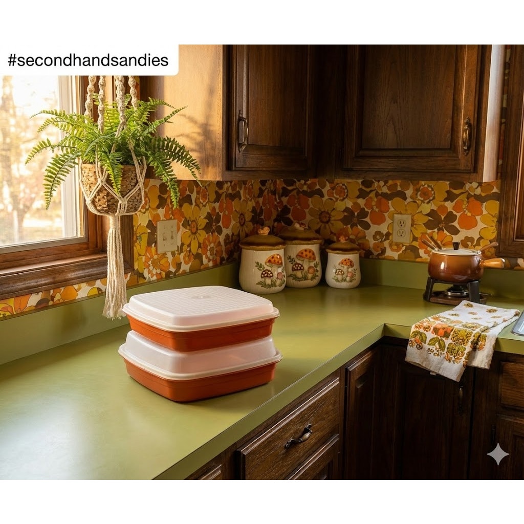 Set of 2 Matching Vintage Tupperware Square Keepers Harvest Orange Paprika