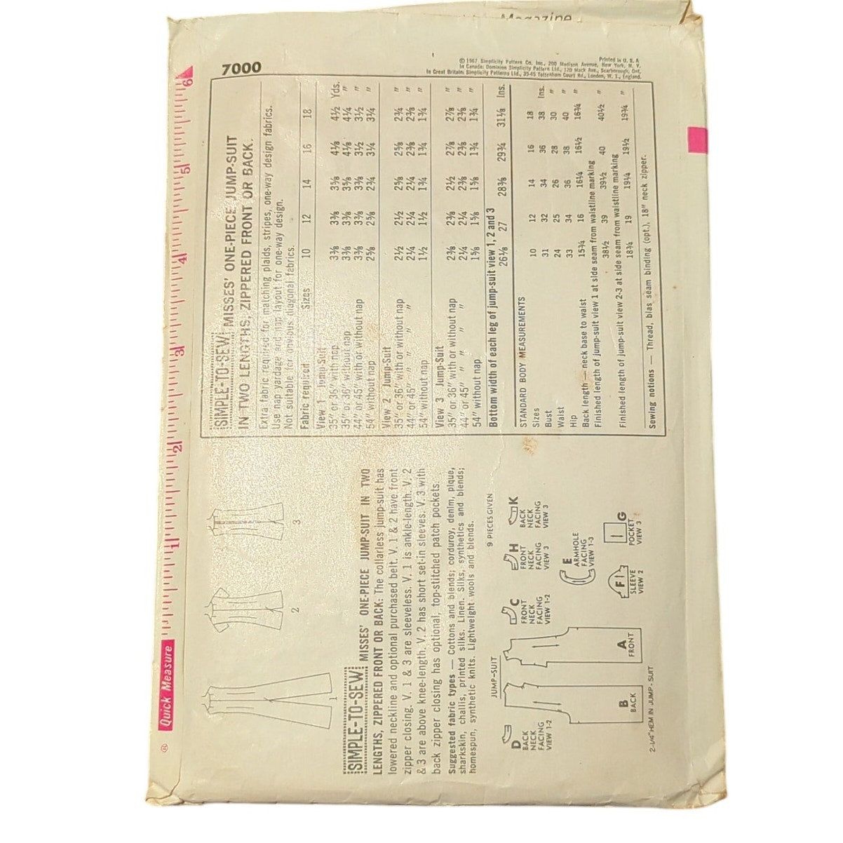 Vintage Sewing pattern Simplicity 7000, Size 12, Bust 34: dress and jumpsuit.