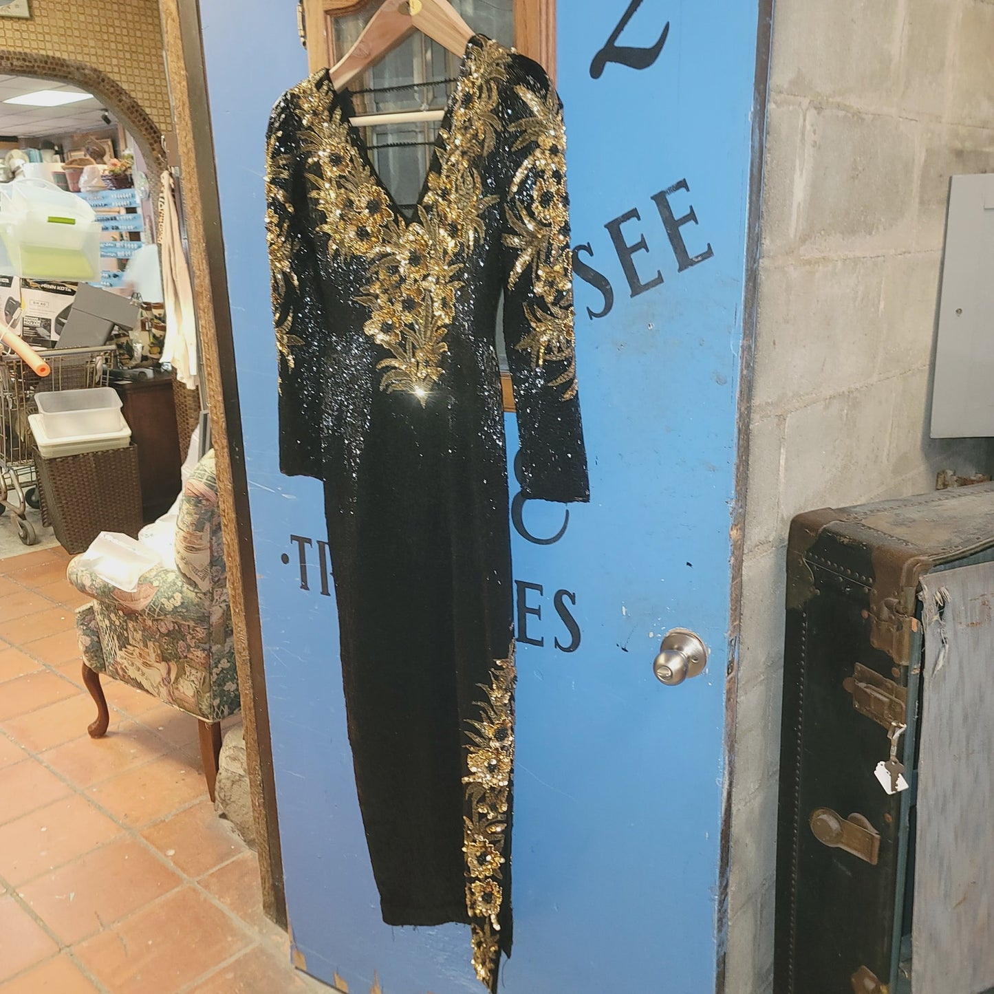 Sho Max SILK heavy beaded sequin dress 80s Vintage Formal SMALL gown Black Gold