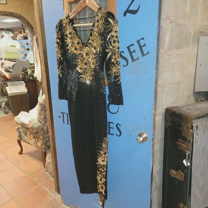 Sho Max SILK heavy beaded sequin dress 80s Vintage Formal SMALL gown Black Gold