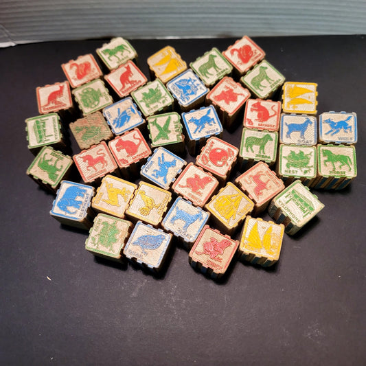 Vintage Wooden Alphabet & Animal Blocks Set (40 Pcs) Various Crafts Toys Play
