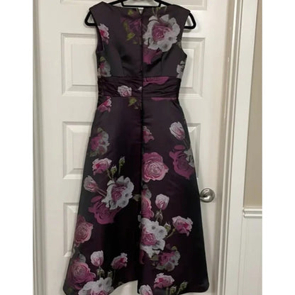 Kay Unger Size 4 Tea Length Midi Plum Floral Sleeveless Fit Flare cocktail DRESS