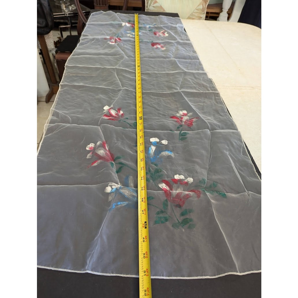 VTG. Sheer oblong white table runner Painted floral design 51" x 20" rolled edge