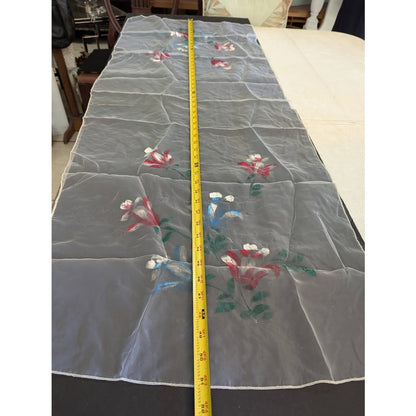 VTG. Sheer oblong white table runner Painted floral design 51" x 20" rolled edge
