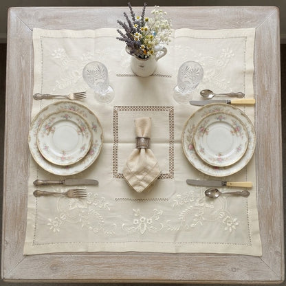 Vintage 70s Tablecloth Hand Embroidery Detail 36" x 36" SQUARE