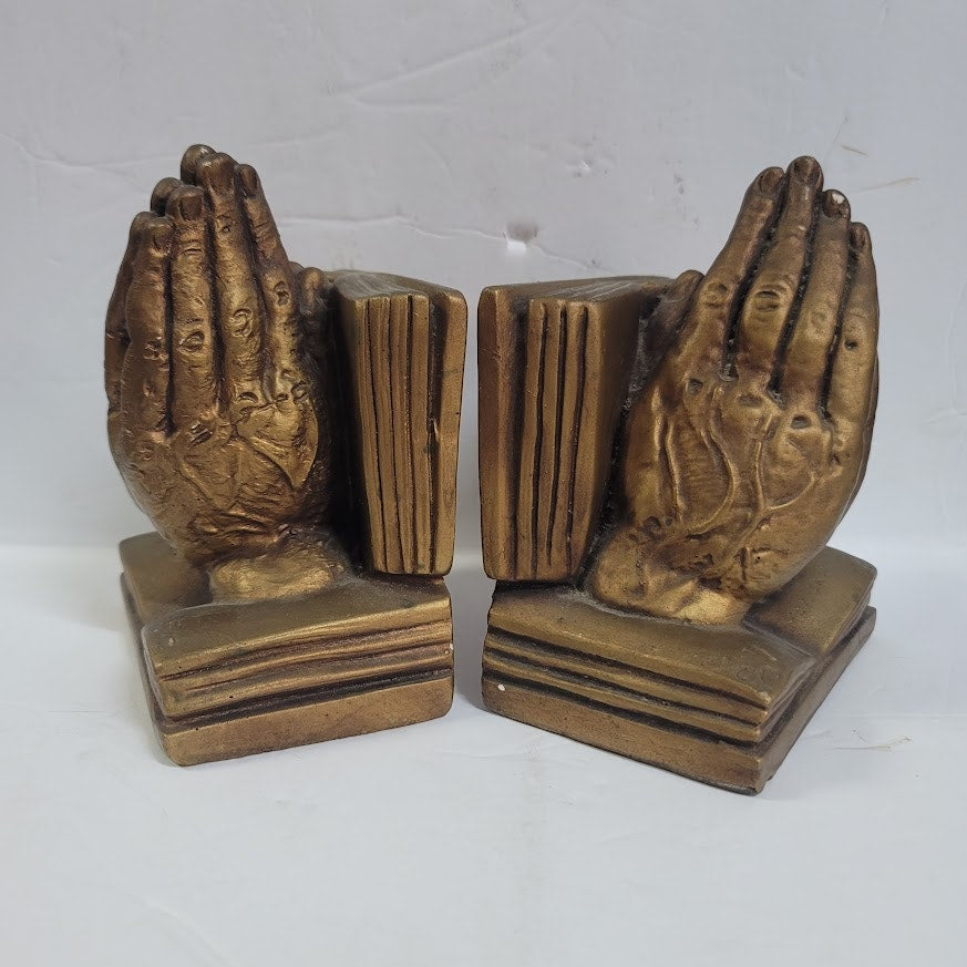 Vintage Marwal Chalkware praying hands bookends gold faux bronze religious