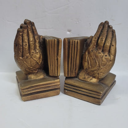 Vintage Marwal Chalkware praying hands bookends gold faux bronze religious