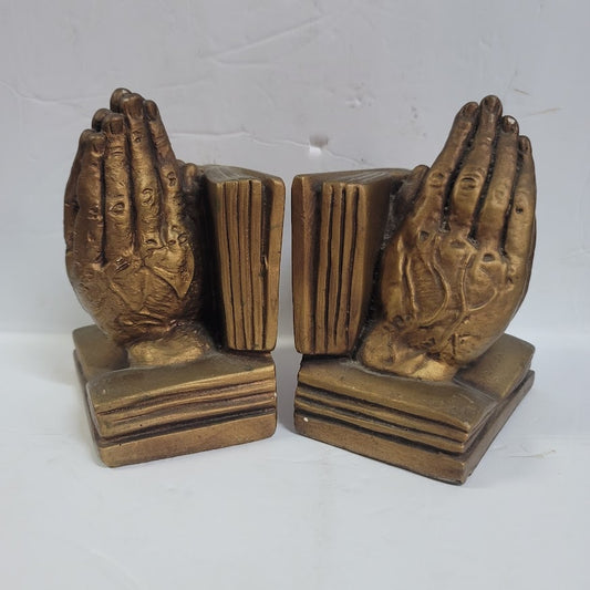 Vintage Marwal Chalkware praying hands bookends gold faux bronze religious