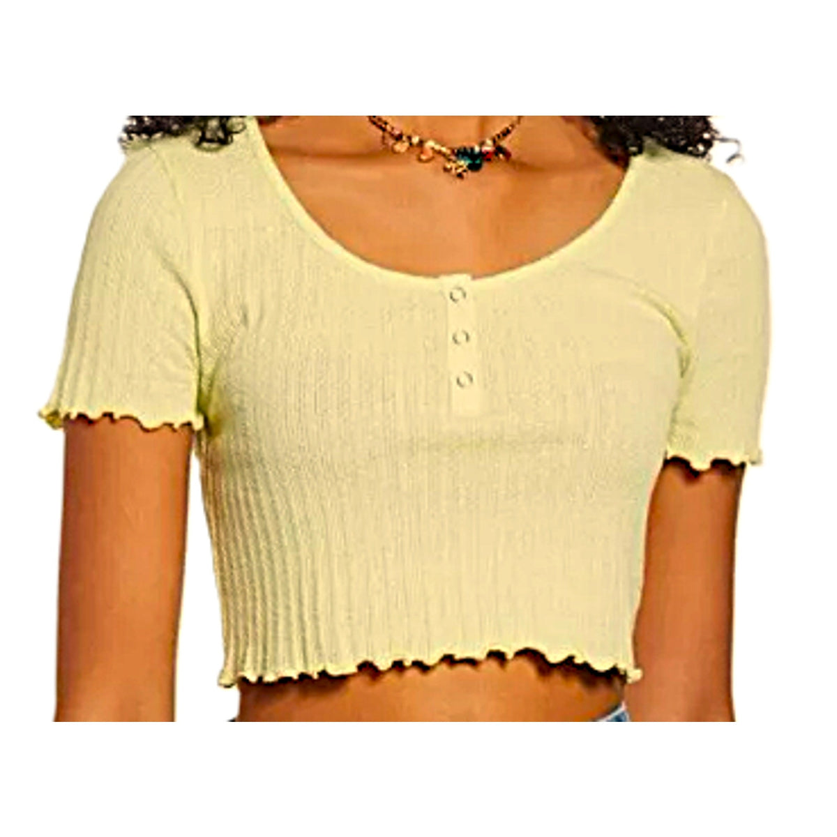 NWT BP. Lettuce Edge Short Sleeve Scoop Henley Crop Top MEDIUM Yellow Lemonade