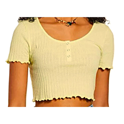 NWT BP. Lettuce Edge Short Sleeve Scoop Henley Crop Top MEDIUM Yellow Lemonade
