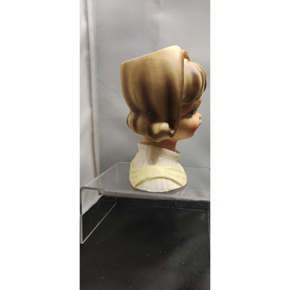 Vintage Yellow Jumper Blonde Lady Head Vase Planter Kitsch Ceramic Inarco E-2767