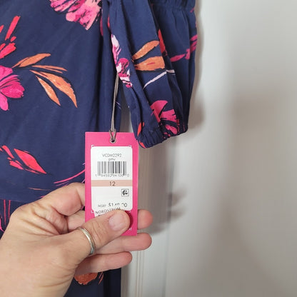 Vince Camuto Floral Blue Midi Dress Size 12 NEW $178  1/2 Sleeve Casual Career