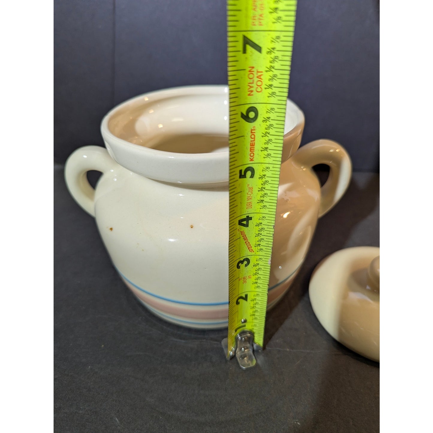 5 1/2" tall  vintage McCoy Pottery bean pot Stonecraft pink blue dinnerware