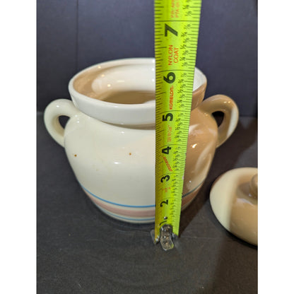 5 1/2" tall  vintage McCoy Pottery bean pot Stonecraft pink blue dinnerware