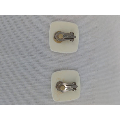 Vintage Mod Navy Blue White Square Resin Clip-On Earrings Mid Century Retro Chic