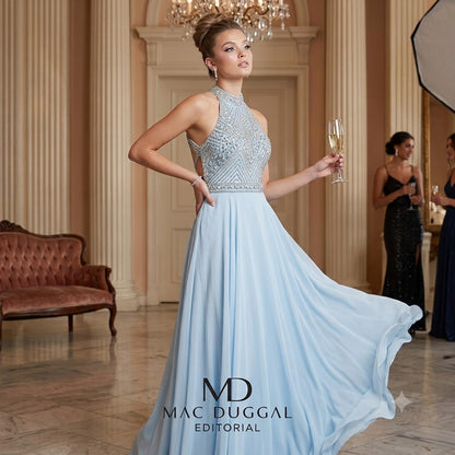 Mac Duggal Light Blue Beaded Halter Neck Prom Pageant Maxi Gown 4