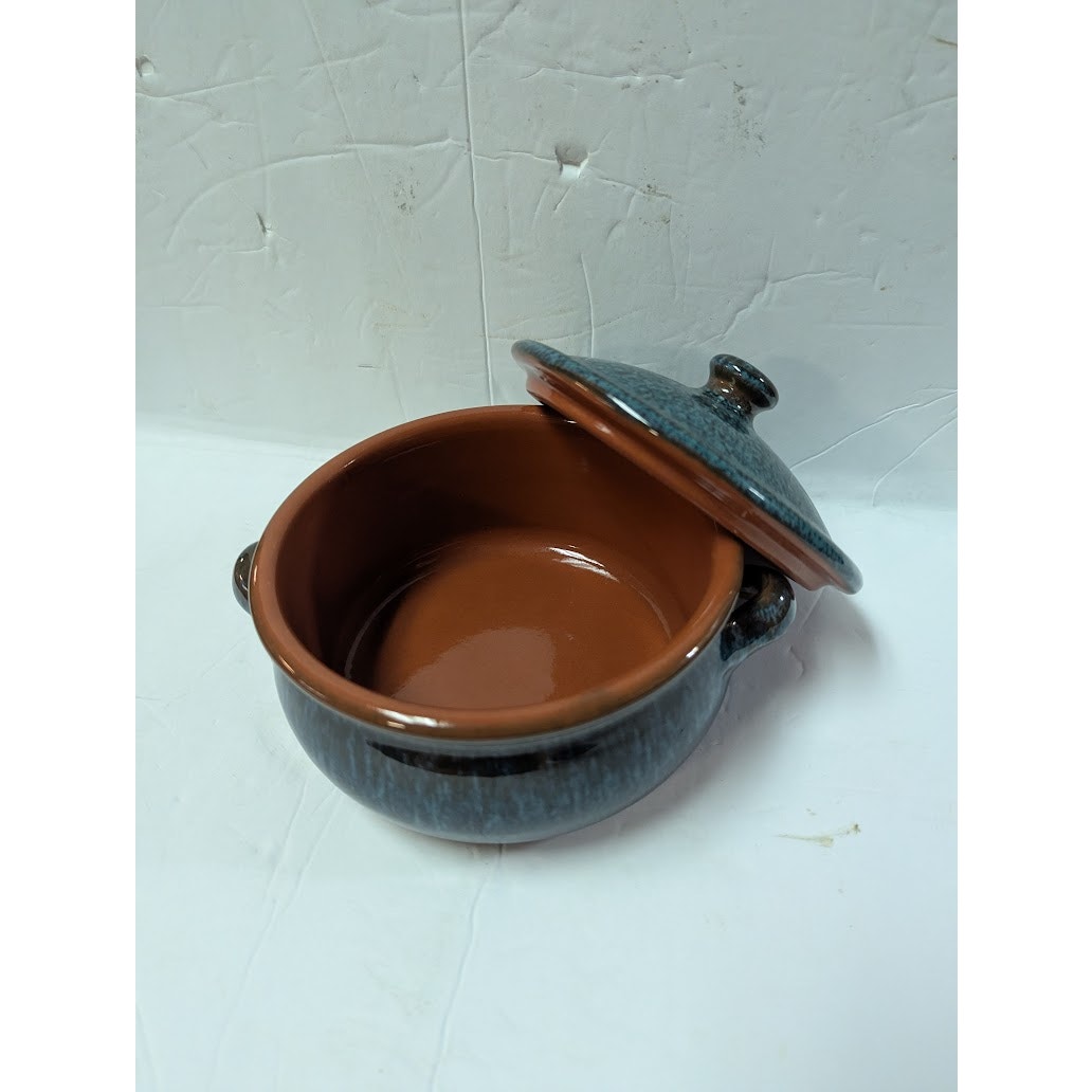 Spanish lidded olla Clay pot casserole cooking Covered Teal One or Two Serving