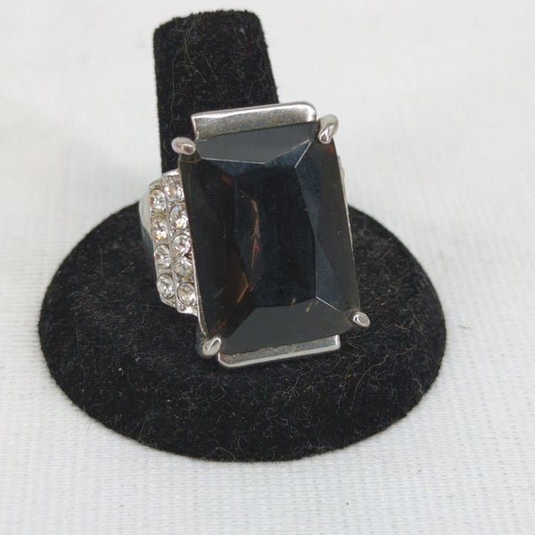 Vintage Silver Tone Black Onyx Style Emerald Cut Statement Ring Glamour Size 10