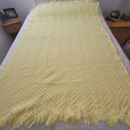 handmade Yellow afghan throw fringe chevron 50" x77" twin zigzag homestead retro