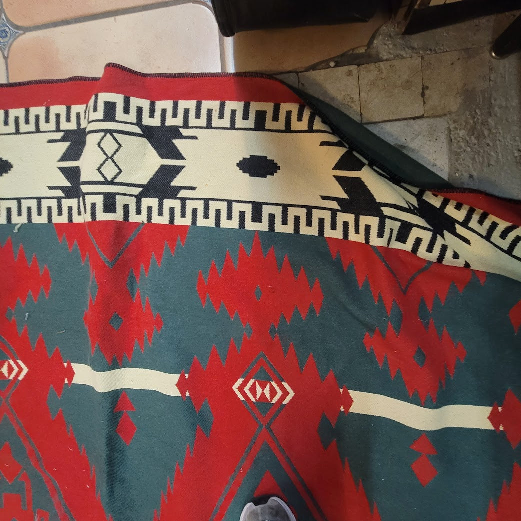 Large Vintage Southwestern Tribal Blanket 70x78 MCM Boho Regency Red Green