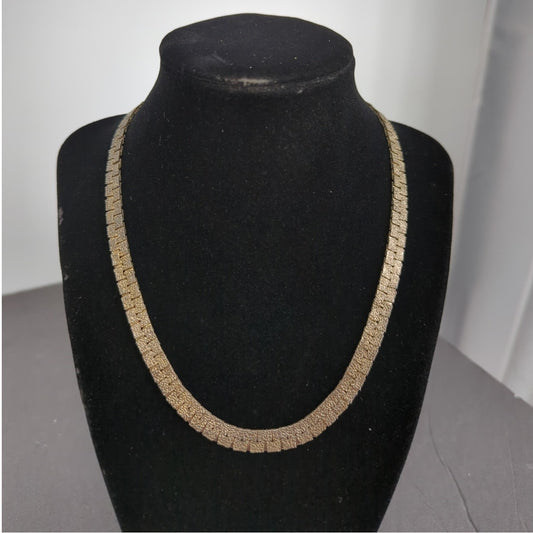Vintage 80s Brutalist Gold Tone Brick Link Necklace Textured Flat Chain 18"
