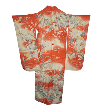 Vintage Silk Furisode (long sleeve) Kimono Robe Orange Gold Silver Embroidery