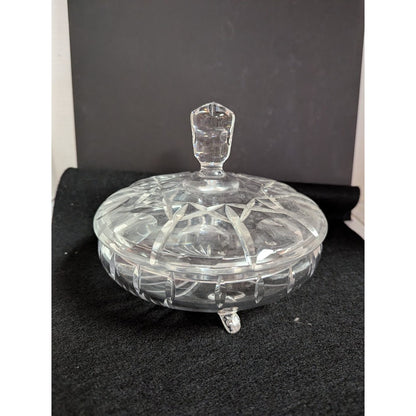 Vintage clear crystal lidded footed vanity powder bon bon candy dish cut pattern