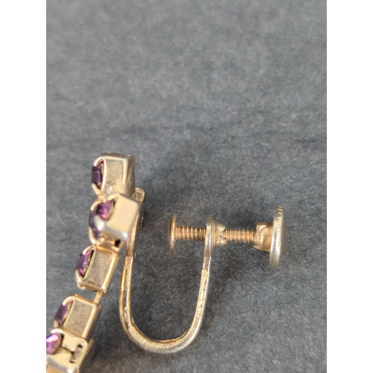 Vintage Gold Tone Purple Rhinestone Cross Dangle Earrings Screw Back Retro 1960s