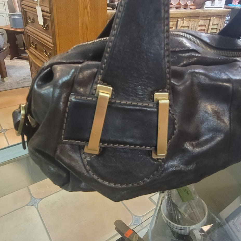 Vintage Sondra Roberts Chocolate Brown Leather Hobo Shoulder Bag Brass Details