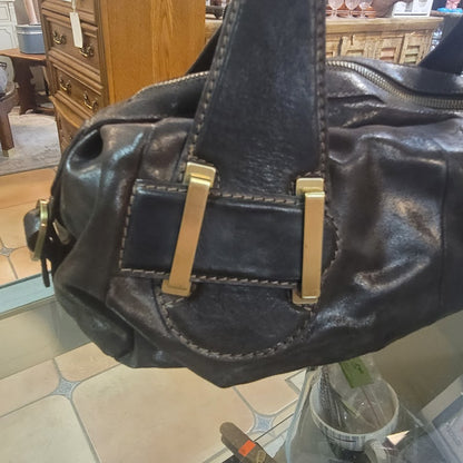 Vintage Sondra Roberts Chocolate Brown Leather Hobo Shoulder Bag Brass Details