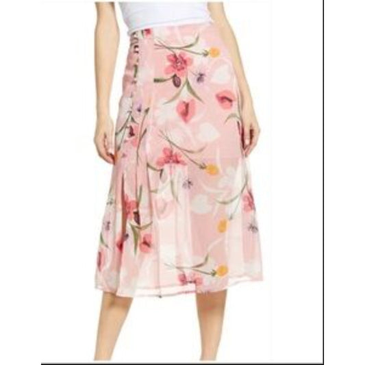 NEW Leith Size XXS midi skirt floral Pink sparkle with faux side buttons summer