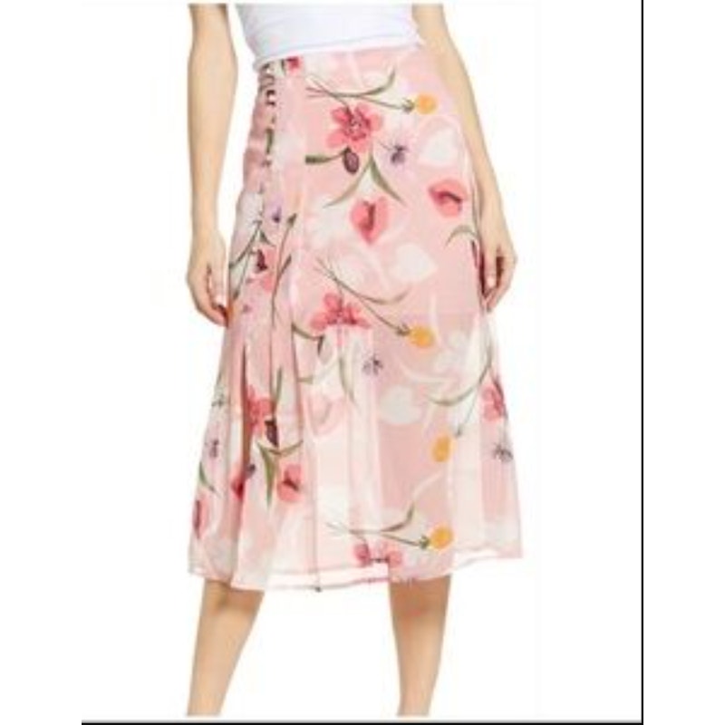 NEW Leith Size XXS midi skirt floral Pink sparkle with faux side buttons summer