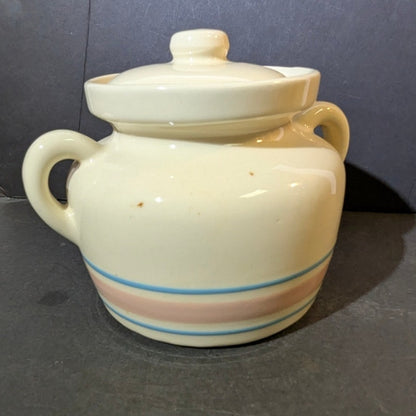 5 1/2" tall  vintage McCoy Pottery bean pot Stonecraft pink blue dinnerware