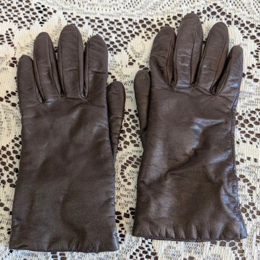 Vintage Fownes Dark Brown Leather Gloves Cashmere Lined Size 7 Classic Warm