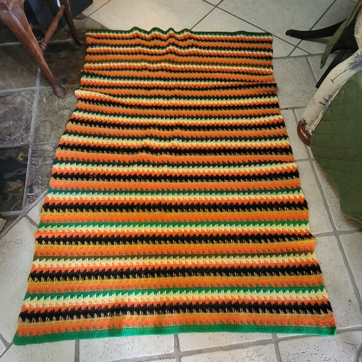 Handmade Wool throw 1970s FLAME Brown Yellow orange Green Gold CABIN 42" x 56"
