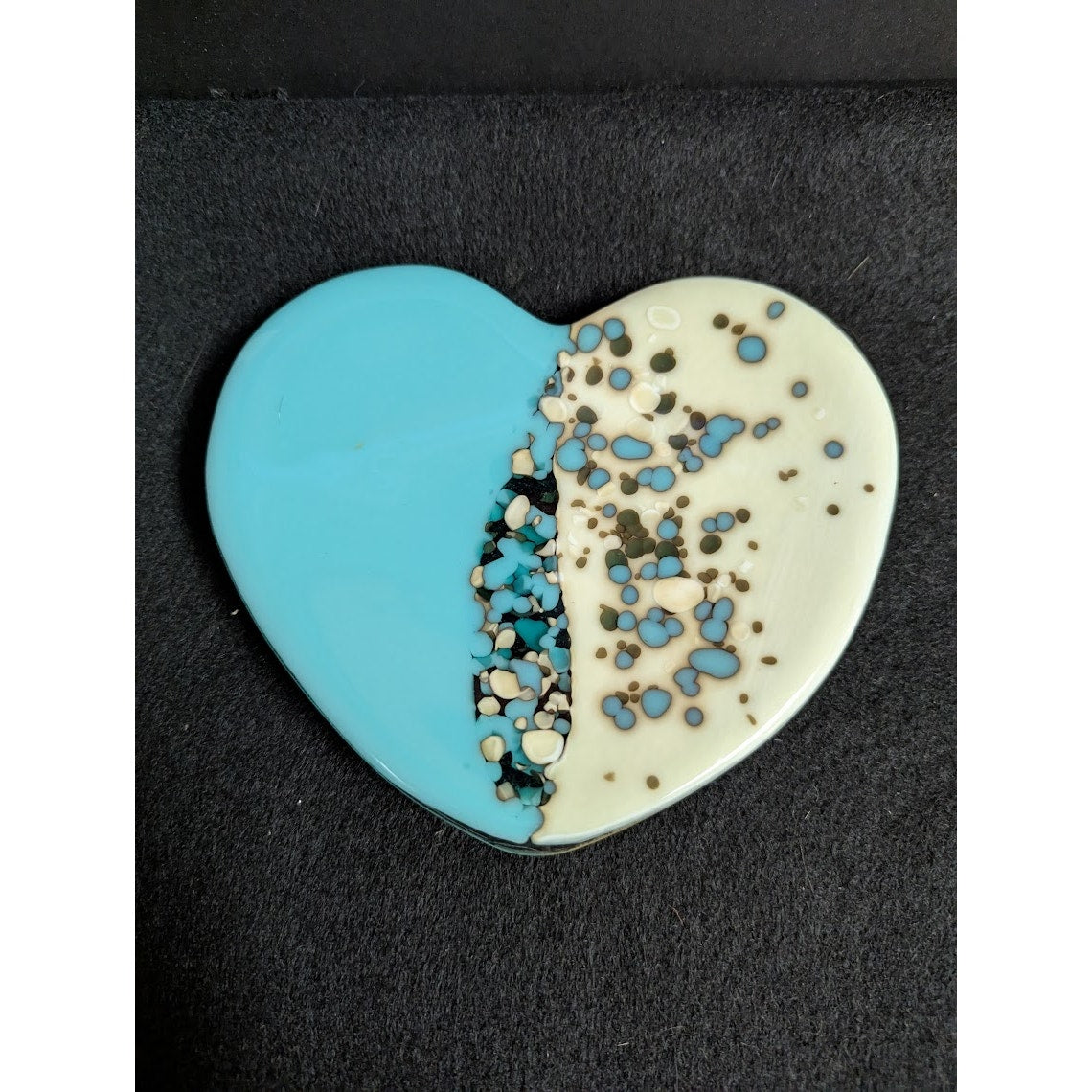 Artist made fused glass heart soap dish trinket dish blue white and black footed