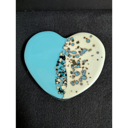 Artist made fused glass heart soap dish trinket dish blue white and black footed