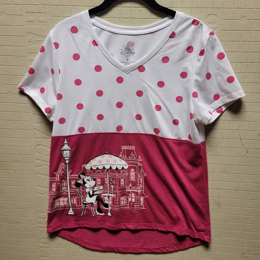 Disney Parks Sz Medium Pink White Polka Dots Minnie Under Umbrella Short Sleeve