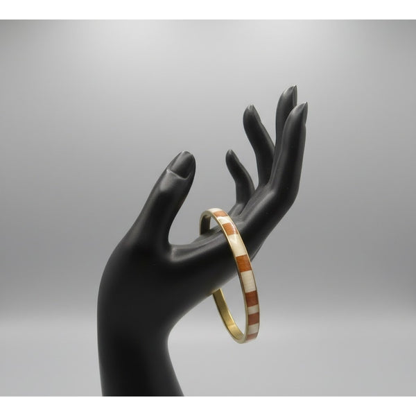 Vintage Brass & Cream Inlay Bangle Bracelet – Mid-Century Modern Minimalist