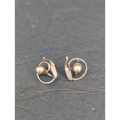 Vintage 1960s Mid Century Gold Tone Faux Pearl Frame Huggie Loop ClipOn Earrings